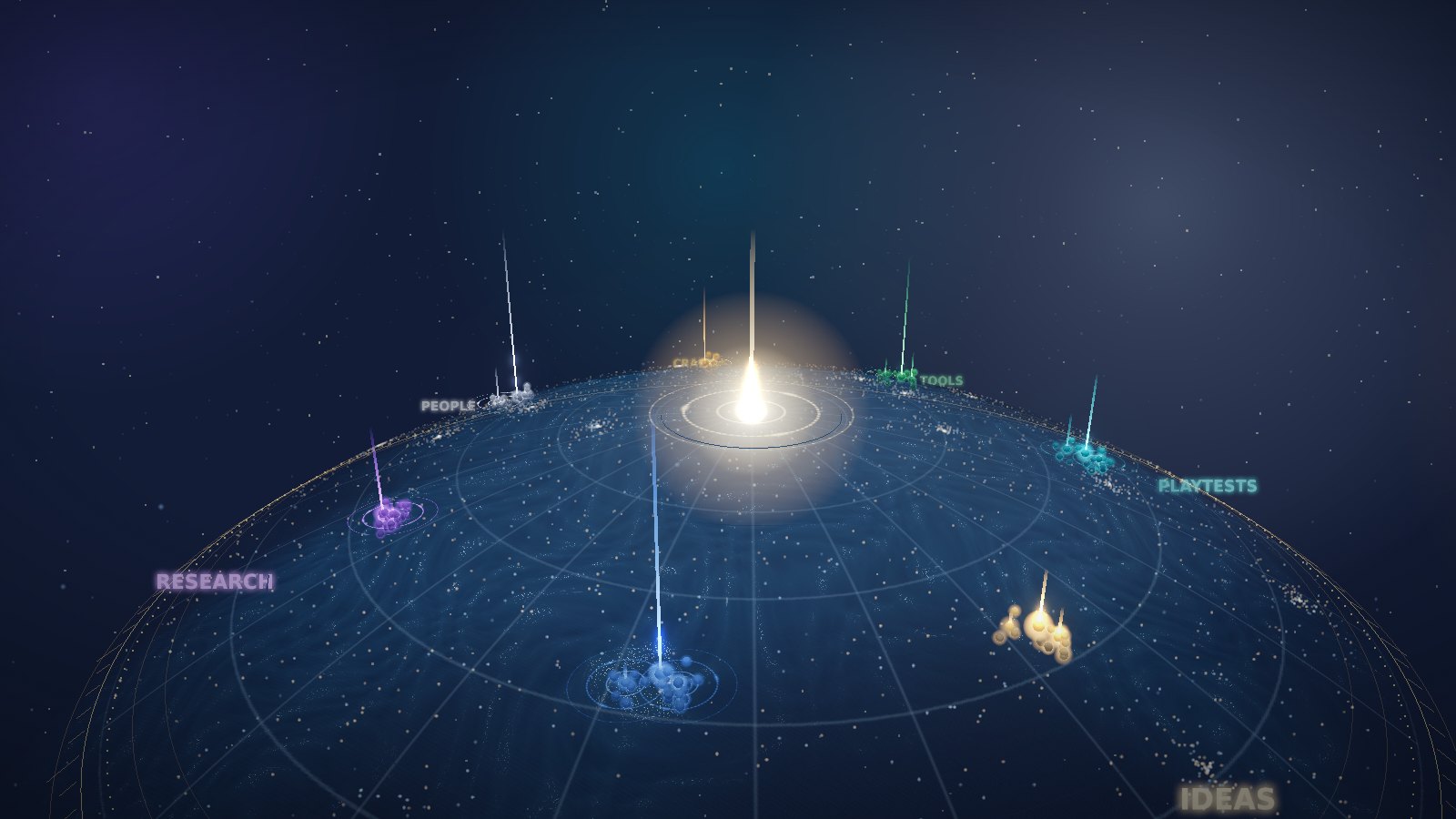 A domed holographic table in a starfield: seven glowing clusters of memories sit in their own sectors around a bright central core, and tall light pillars rise from the most important ones.