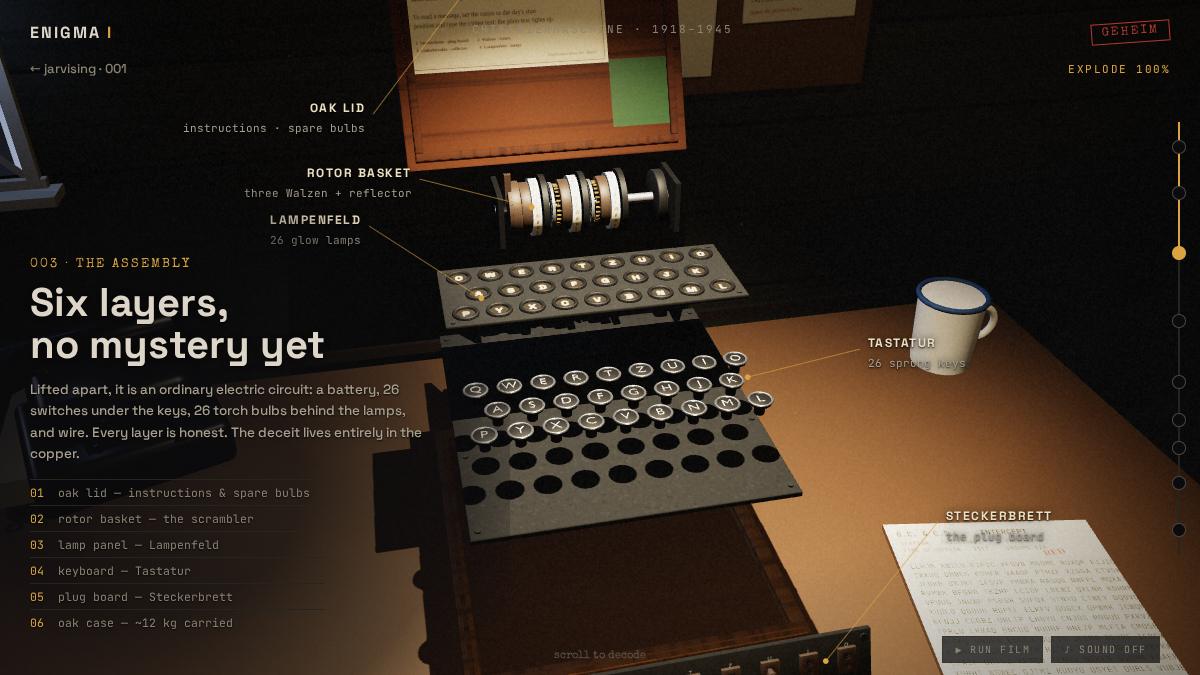 The Enigma piece as built at jarvising commit 9210418 on 7 September 2026: the machine lifted into its labelled layers on a desk in Hut 6.