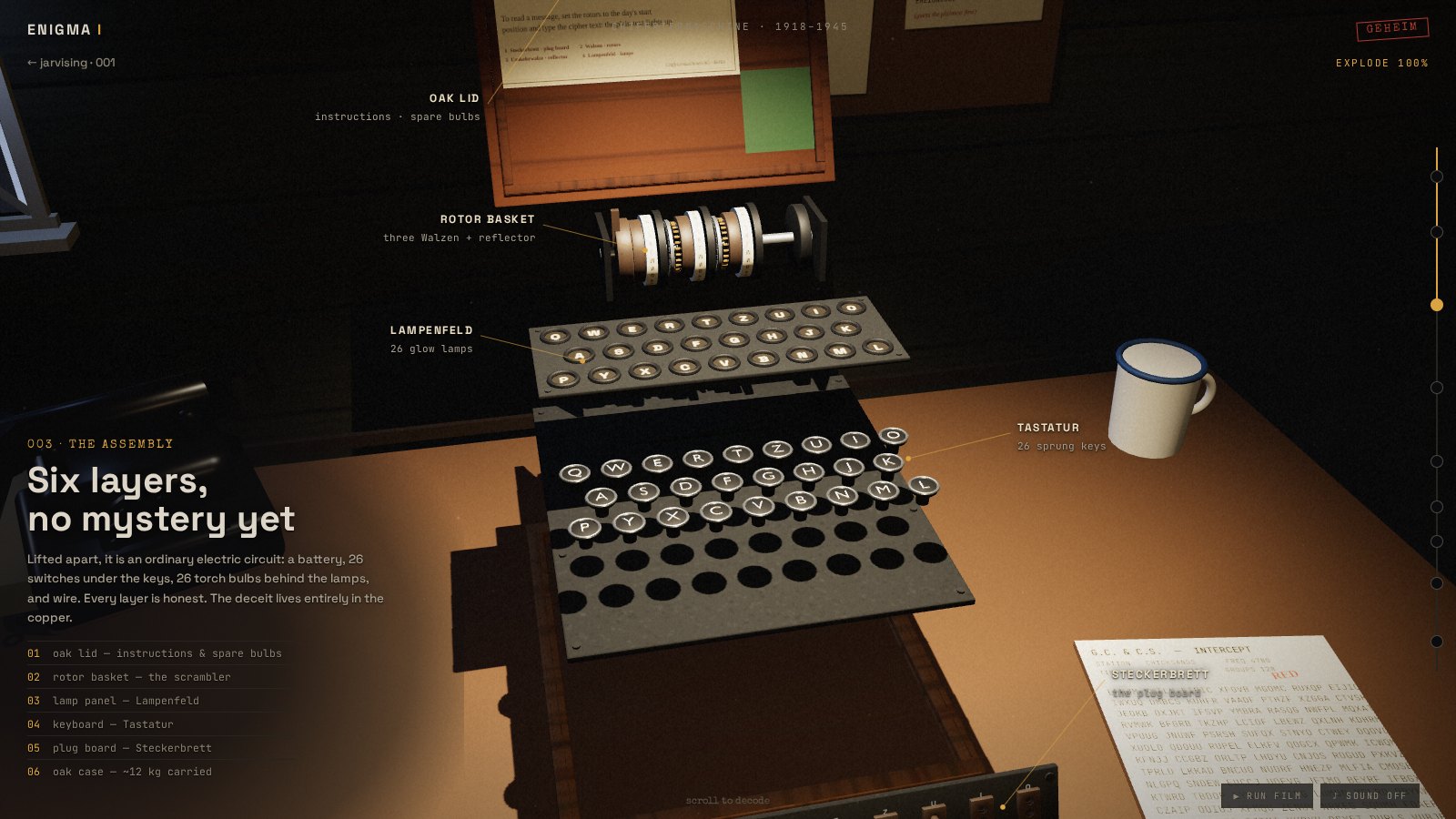 The Enigma I lifted apart into six layers on a desk in a wartime hut, lit by a single pendant lamp, a blackout window and a notice board behind it.