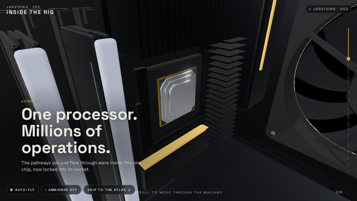 The rig piece as ported to jarvising at commit cab6ce5: the processor in its socket, memory modules beside it, lit in amber.
