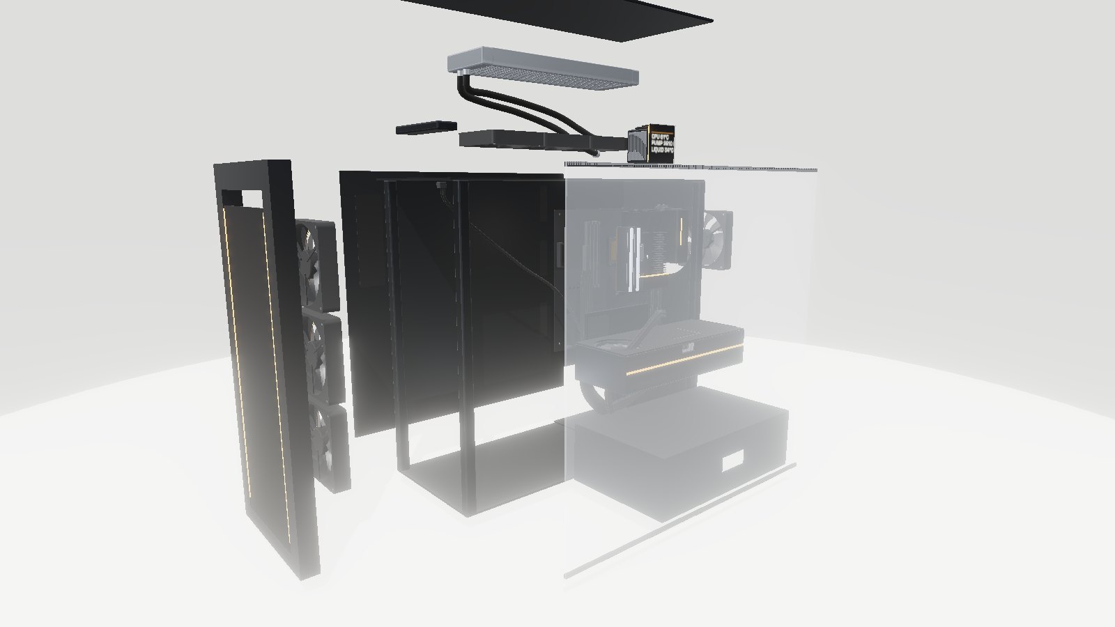 A gaming PC pulled apart on a pale lab floor: the front panel with its three fans, the side panels and the radiator with its tubes lifted clear of the open tower, the graphics card and power supply still inside.