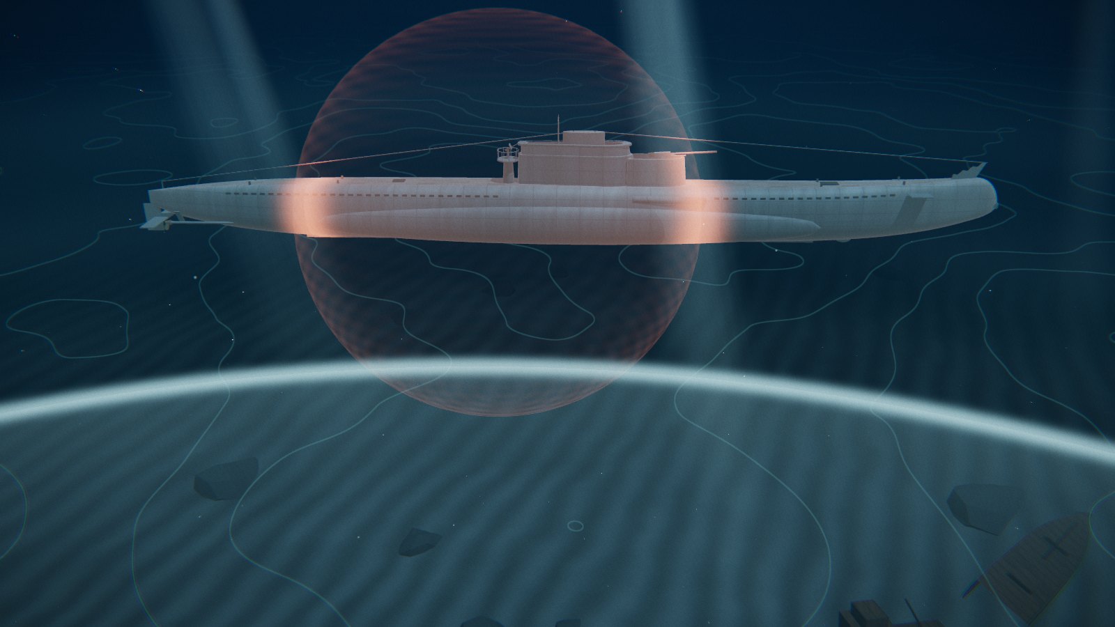 A T-class submarine seen from below at night, lit by faint shafts of light: the escort's ping is passing along its hull in a pale band, a red echo is spreading from the hull, and the ping's edge sweeps across the seabed and a wreck far beneath.
